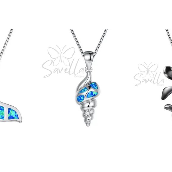 Solid Sterling Silver Blue Fire Opal Mermaid Tail | Whale Tale Pendant - Picture 3 of 3